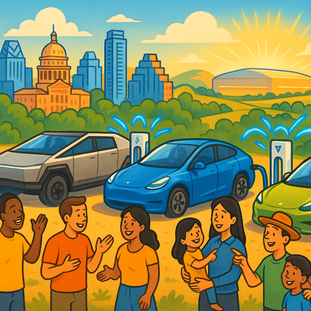 Cartoon illustration of diverse Tesla owners with Cybertrucks, Model Ys, and Model 3s gathered near the Austin skyline and Gigafactory Texas
