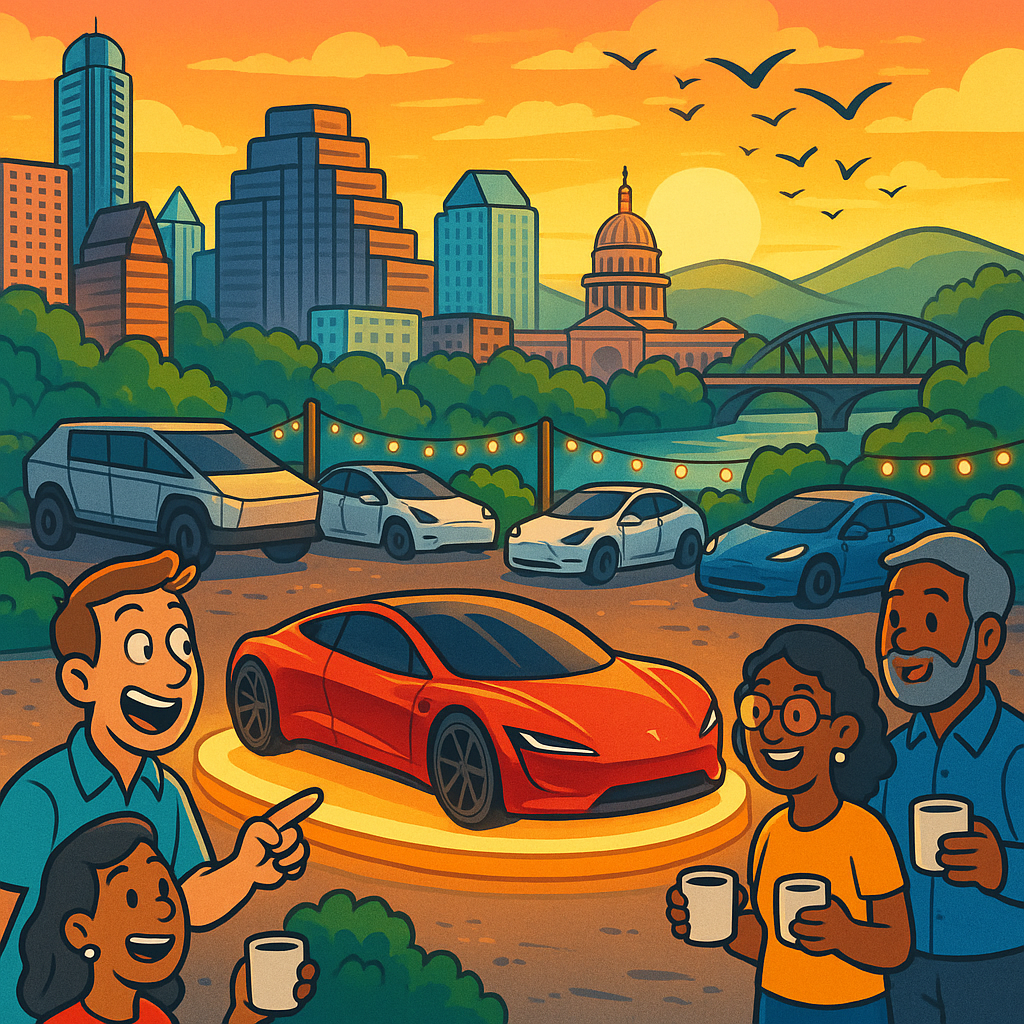 Cartoon illustration of diverse Tesla owners gathered around a futuristic red sports car in front of the Austin Texas skyline with Cybertrucks and Model Ys nearby