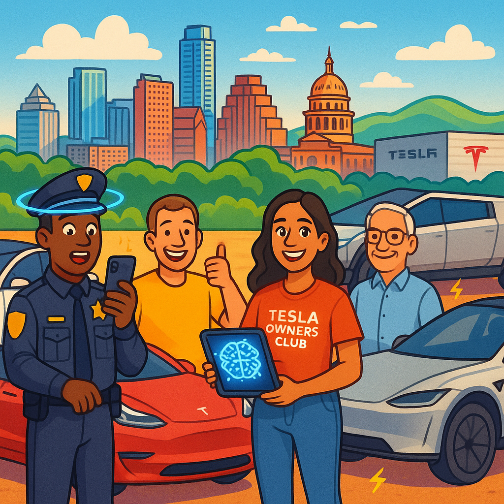 Cartoon illustration of diverse Tesla owners with Model Y, Model 3, and Cybertruck vehicles gathered near the Austin skyline with Gigafactory Texas visible in the background and a futuristic brain-technology glow in the scene