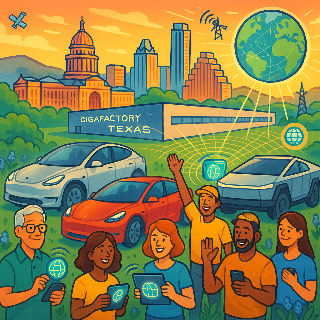 Diverse Tesla owners with Model Y, Model 3, and Cybertruck near a stylized Gigafactory Texas building against the Austin skyline, surrounded by digital connectivity imagery