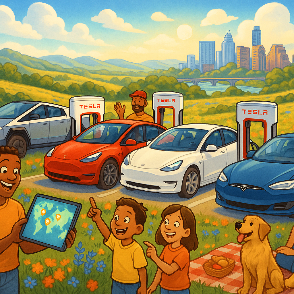 Cartoon illustration of diverse Tesla owners celebrating a new Supercharger station in a Texas Hill Country setting near the Austin skyline