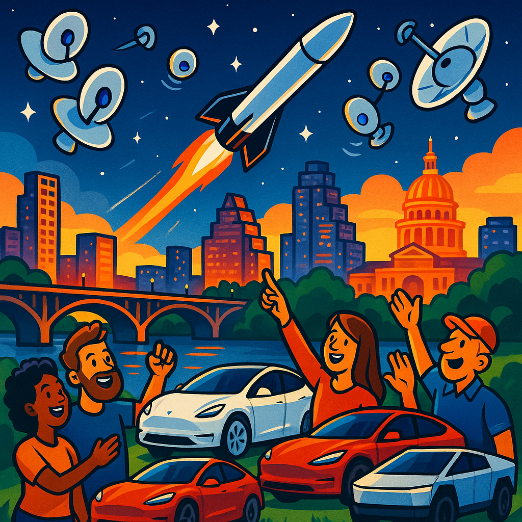 Cartoon illustration of diverse Tesla owners in Austin Texas watching a stylized SpaceX Starship rocket filmed by friendly cartoon Starlink satellites in a vibrant starry sky