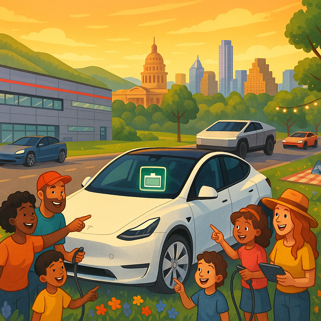 Cartoon illustration of diverse Tesla owners celebrating around a Tesla Model Y L near Gigafactory Texas with the Austin skyline in the background