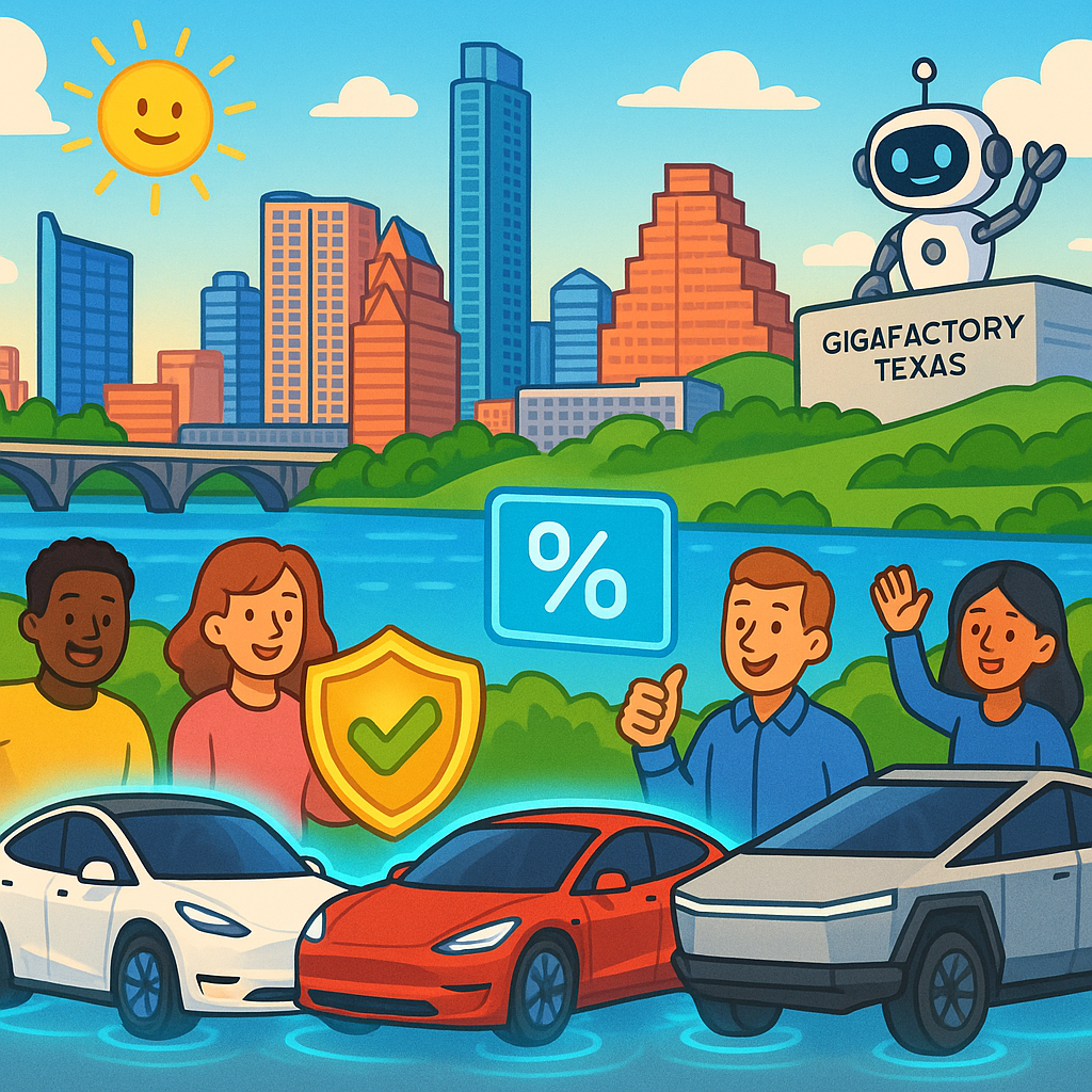 Cartoon illustration of diverse Tesla owners with Model Y, Model 3, and Cybertruck vehicles in front of the Austin, Texas skyline, celebrating autonomous driving insurance savings near Gigafactory Texas