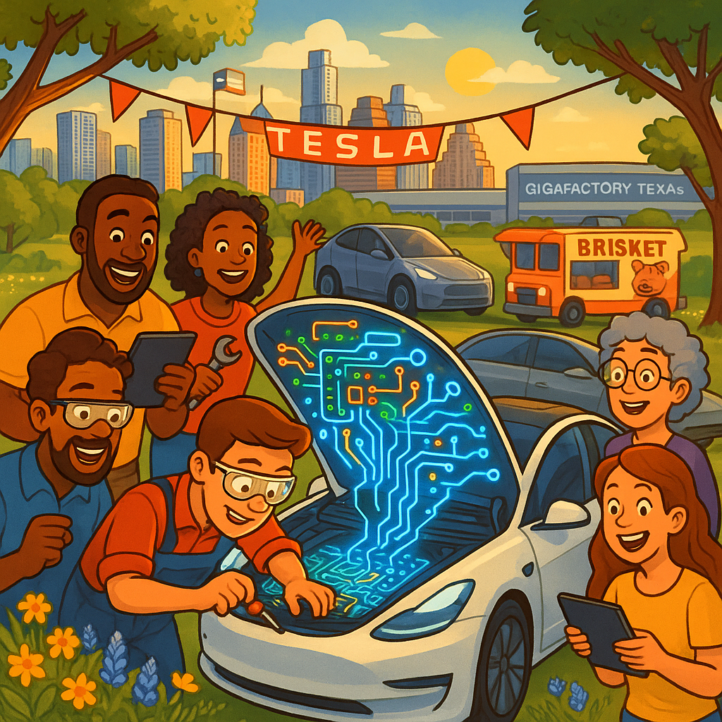 Cartoon illustration of diverse Tesla owners gathered around an upgraded Model 3 in Austin Texas with Gigafactory Texas in the background