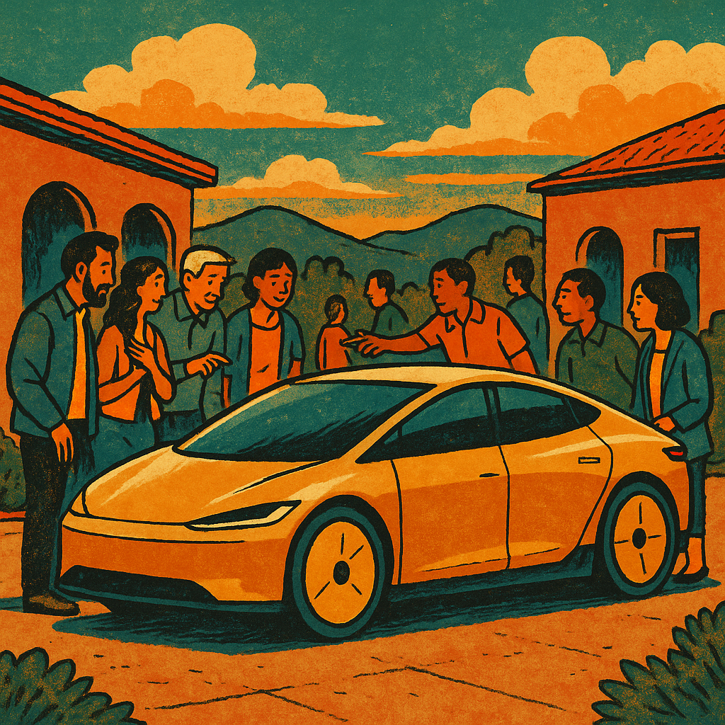 Retro editorial illustration of a sleek Tesla Cybercab parked in a warmly lit private courtyard at dusk, surrounded by excited guests against a golden Texas hill-country horizon