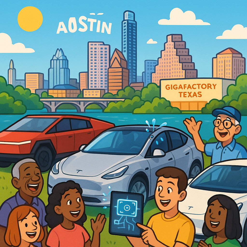 Cartoon illustration of diverse Tesla owners gathered around a refreshed Model Y and Cybertruck in front of the Austin Texas skyline with futuristic camera technology glowing on a tablet screen