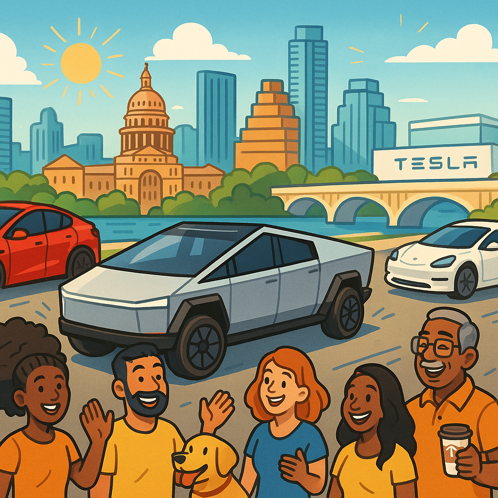 Cartoon illustration of diverse Tesla owners gathered around a Cybertruck in front of the Austin Texas skyline with Gigafactory Texas visible in the background