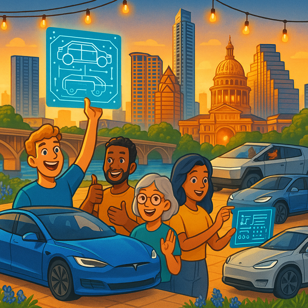Cartoon illustration of diverse Tesla owners celebrating open-source announcements near Model S and Model X vehicles with the Austin Texas skyline in the background