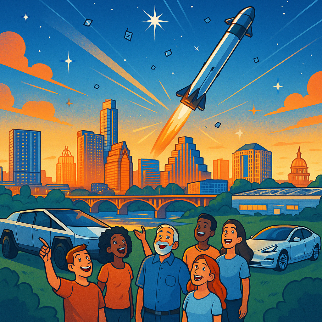Cartoon illustration of diverse Tesla owners with Cybertrucks and Model Ys watching a SpaceX Starship launch above the Austin Texas skyline near Gigafactory Texas