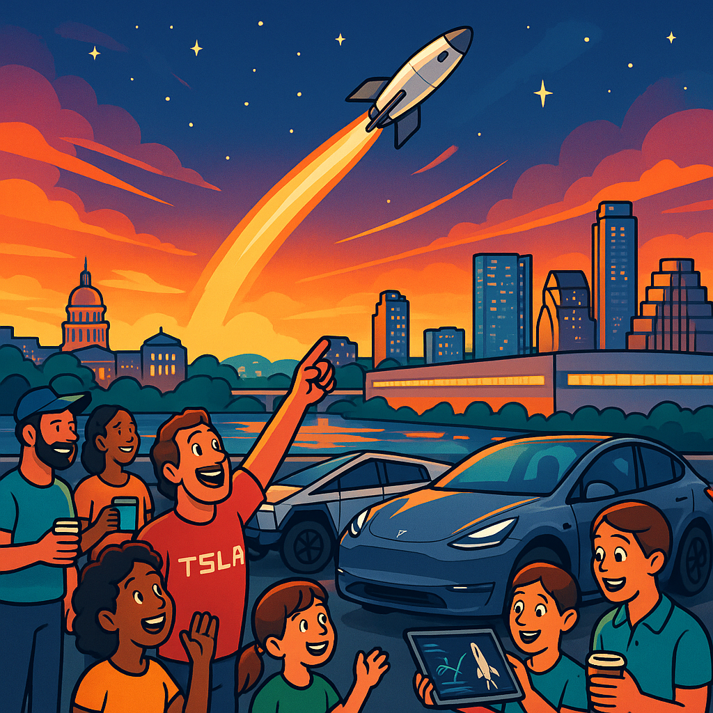 Cartoon illustration of diverse Austin Tesla owners watching a rocket launch into the Texas twilight sky with the Austin skyline and a Gigafactory in the background