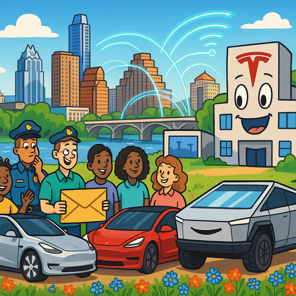 Cartoon illustration of diverse Tesla owners near their Model Y, Model 3, and Cybertruck in Austin Texas, with one owner handing a giant envelope to a cartoon Tesla factory as holographic FSD routes glow overhead