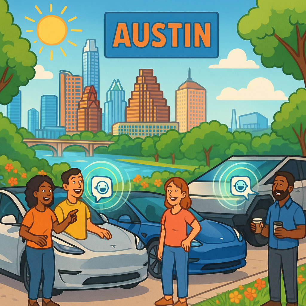 Cartoon illustration of diverse Tesla owners gathered around Model Y, Model 3, and Cybertruck vehicles in Austin Texas with glowing AI assistant screens and the city skyline in the background