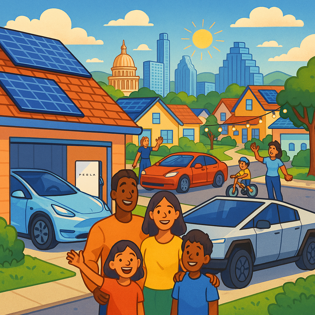 Cartoon illustration of diverse Tesla owners outside a home in Austin Texas with Powerwall units, a Model Y, and a Cybertruck under a bright sunny sky