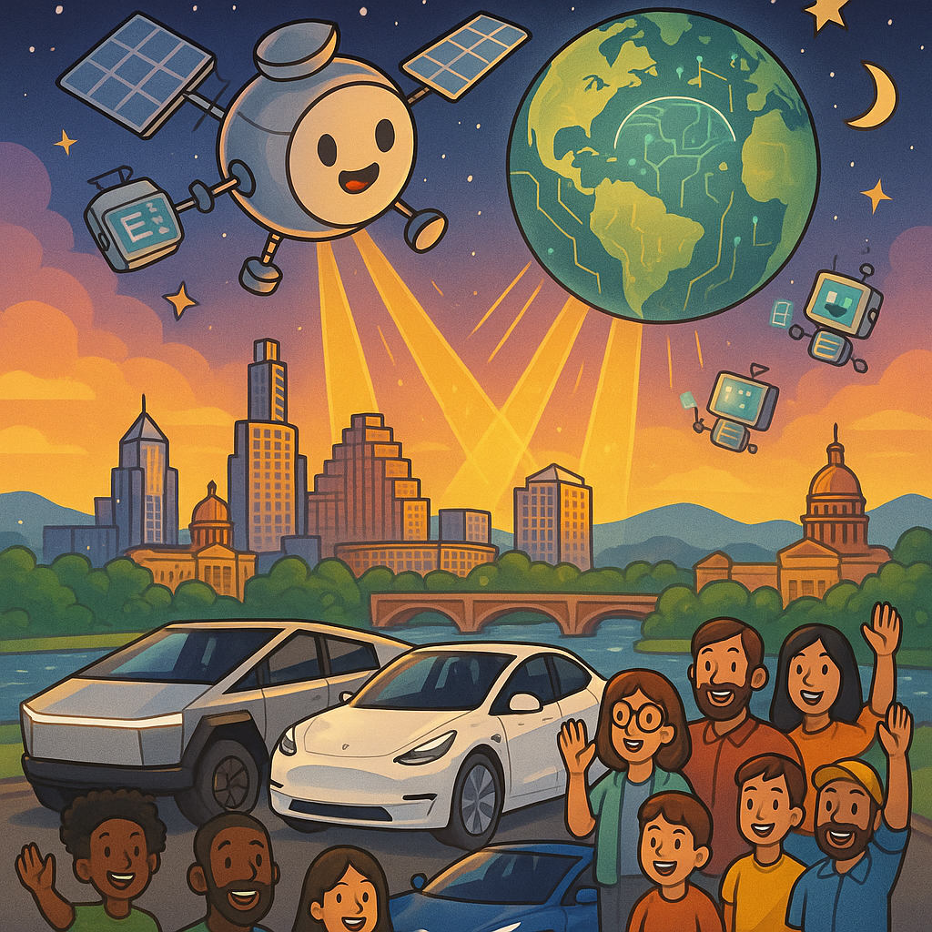 Cartoon illustration of diverse Tesla owners with a Cybertruck, Model Y, and Model 3 gathered under a glowing AI satellite above the Austin Texas skyline
