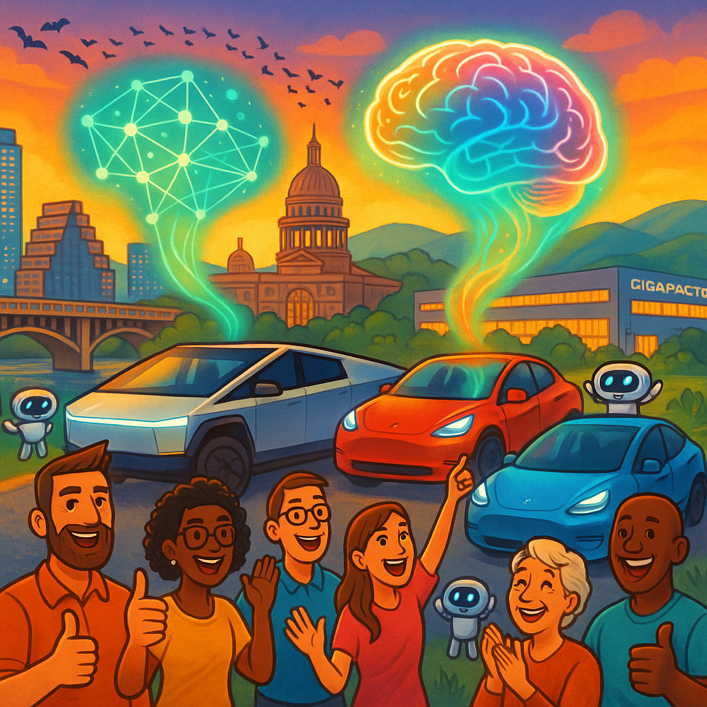 Cartoon illustration of diverse Tesla owners with Cybertrucks, Model Ys, and Model 3s gathered near the Austin Texas skyline with friendly AI holographic imagery floating above