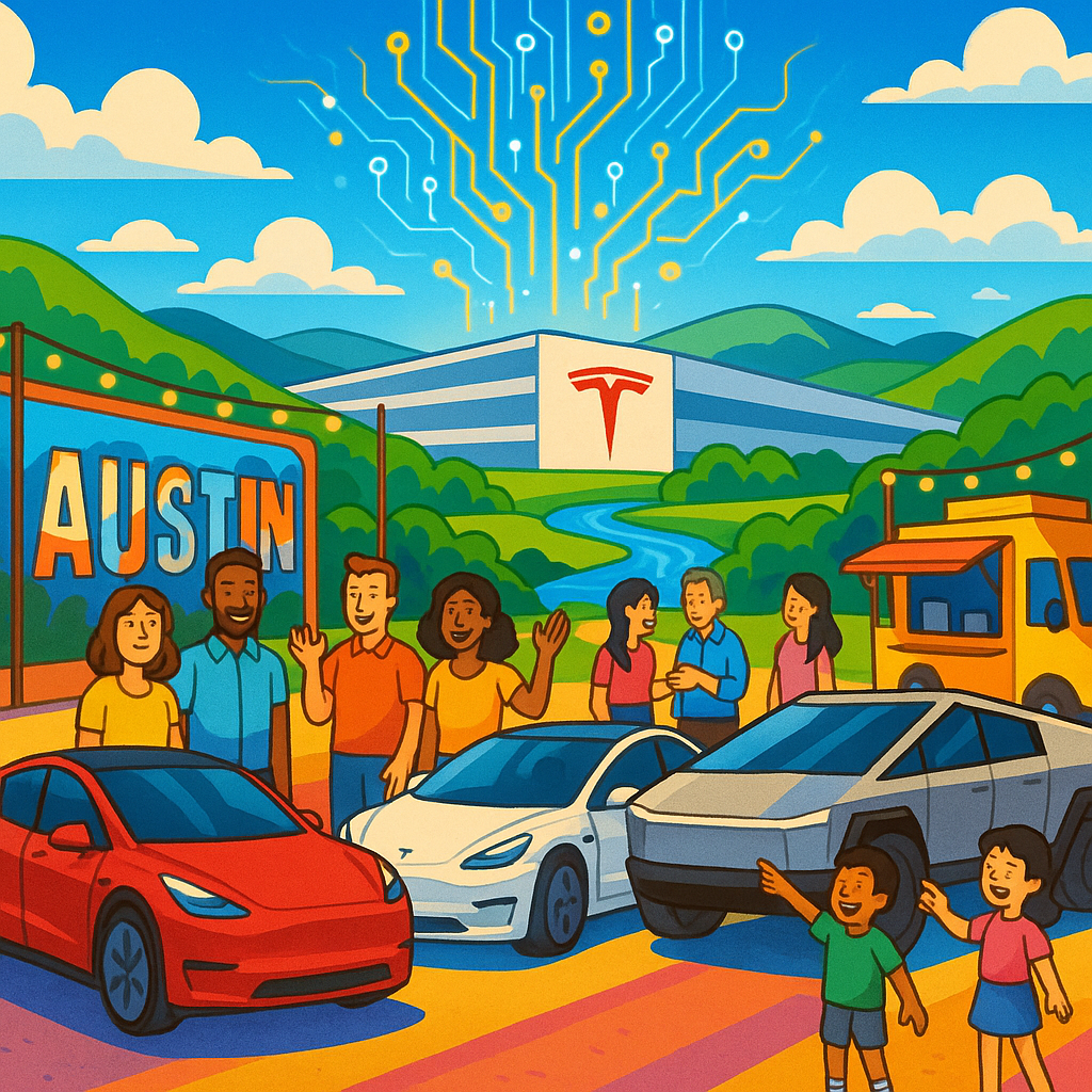 Cartoon illustration of diverse Tesla owners gathered near Gigafactory Texas in Austin with Model Y, Model 3, and Cybertruck vehicles, glowing AI data streams rising from the factory into a sunny Texas sky