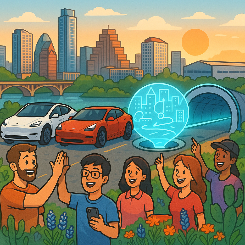 Cartoon illustration of diverse Tesla owners with Model Ys, Model 3s, and Cybertrucks gathered near a glowing futuristic underground tunnel entrance with the Austin Texas skyline in the background