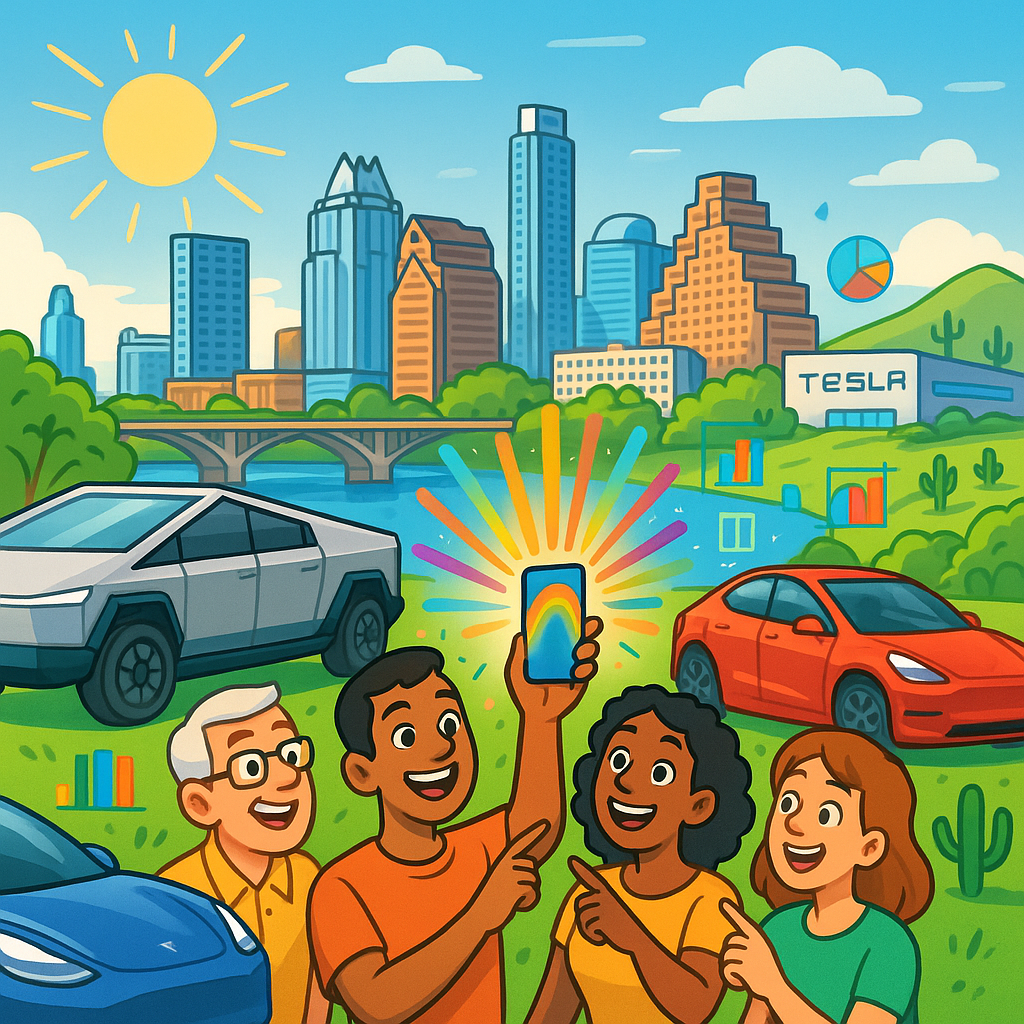 Cartoon illustration of diverse Tesla owners in Austin Texas reacting with joy to a rainbow Easter egg displayed on a Tesla app on a smartphone, with a Cybertruck, Model Y, and Model 3 nearby and the Austin skyline in the background