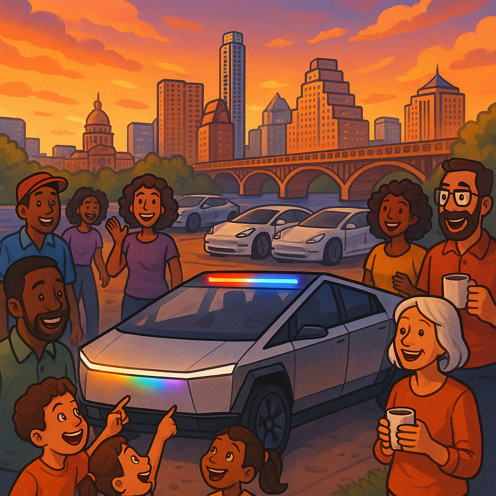 Cartoon illustration of a futuristic Tesla Cybercab with a colorful RGB light bar parked in downtown Austin surrounded by excited Tesla owners and various Tesla vehicles