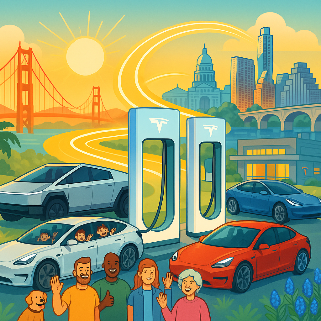 Cartoon illustration of diverse Tesla owners gathered at a futuristic V4 Supercharger station with San Francisco and Austin skylines in the background, featuring Model Y, Model 3, and Cybertruck vehicles