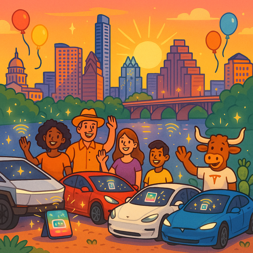 Cartoon illustration of diverse Tesla owners celebrating a software update beside their Model Y, Model 3, Cybertruck, and Model S vehicles in front of the Austin Texas skyline