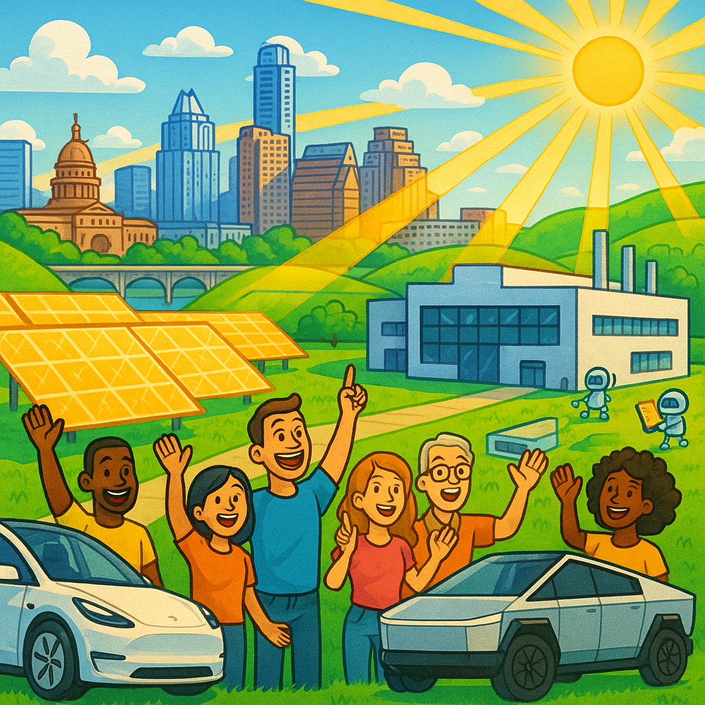 Cartoon illustration of diverse Tesla owners with Model Ys, Model 3s, and a Cybertruck near a futuristic Texas solar factory with the Austin skyline in the background