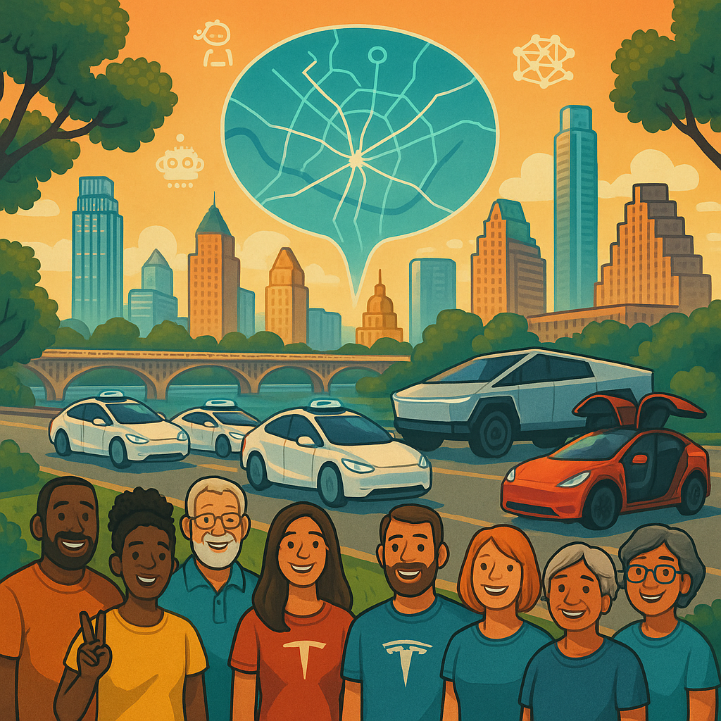 Cartoon illustration of diverse Tesla owners gathered in Austin Texas with autonomous robotaxi vehicles, a Cybertruck, and a Model Y in front of the Austin skyline