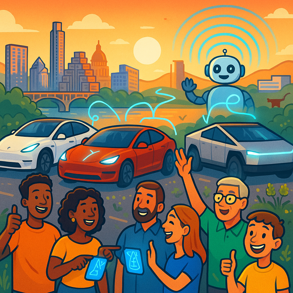 Cartoon illustration of diverse Tesla owners celebrating a software update beside Model Y, Model 3, and Cybertruck vehicles in front of a stylized Austin Texas skyline with the Capitol and Hill Country in the background
