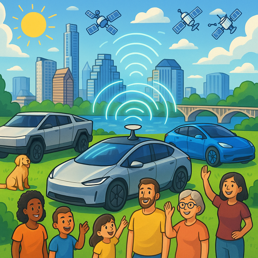 Cartoon illustration of diverse Tesla owners gathered around a Cybercab with an integrated satellite dish near the Austin Texas skyline, with a Cybertruck, Model Y, and Model 3 nearby and glowing connectivity waves in the air