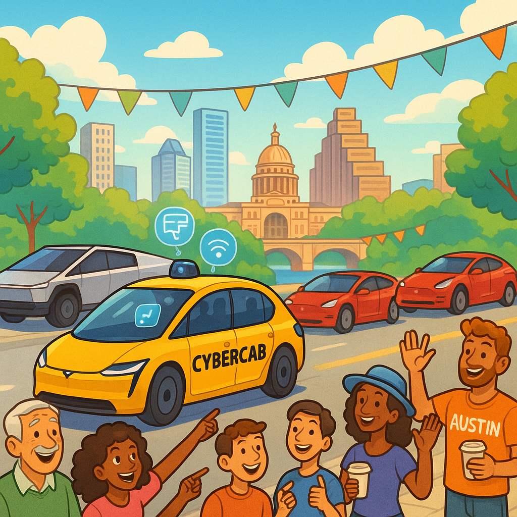 Cartoon illustration of a futuristic Tesla Cybercab driving through downtown Austin with diverse Tesla owners and Cybertrucks in a vibrant community atmosphere