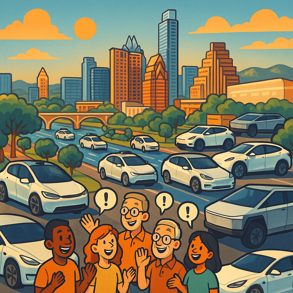 Cartoon illustration of diverse Tesla owners celebrating a robotaxi fleet expansion near the Austin Texas skyline with Model Y, Model 3, Cybertruck, and futuristic autonomous vehicles on a sunny day