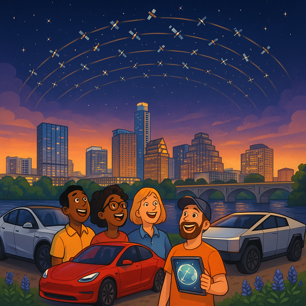 Cartoon illustration of diverse Tesla owners looking up at a glowing Starlink satellite constellation over the Austin Texas skyline with Model Y, Model 3, and Cybertruck in the foreground