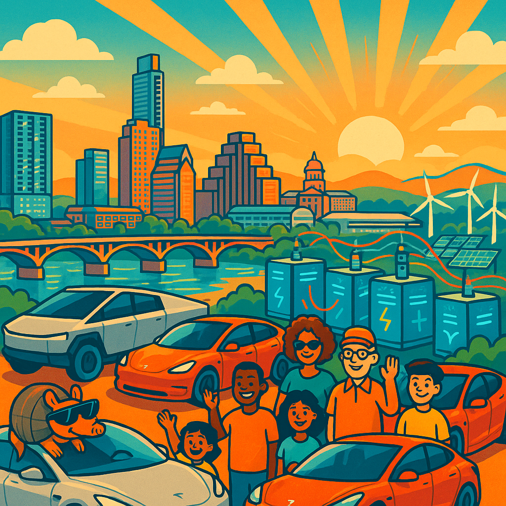 Cartoon illustration of diverse Tesla owners with Cybertrucks and Model Ys gathered near a large battery storage facility with the Austin Texas skyline and Gigafactory Texas in the background