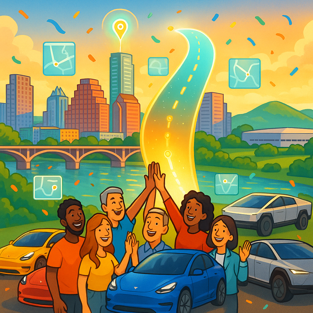 Cartoon illustration of diverse Tesla owners celebrating beside Model 3s, Model Ys, and a Cybertruck with the Austin Texas skyline and Gigafactory Texas in the background