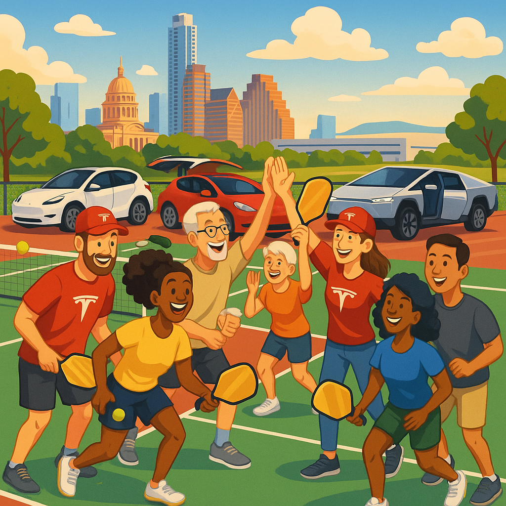 Diverse Tesla owners playing pickleball with gold-accented paddles outside near Cybertrucks and Model Ys against an Austin Texas skyline backdrop