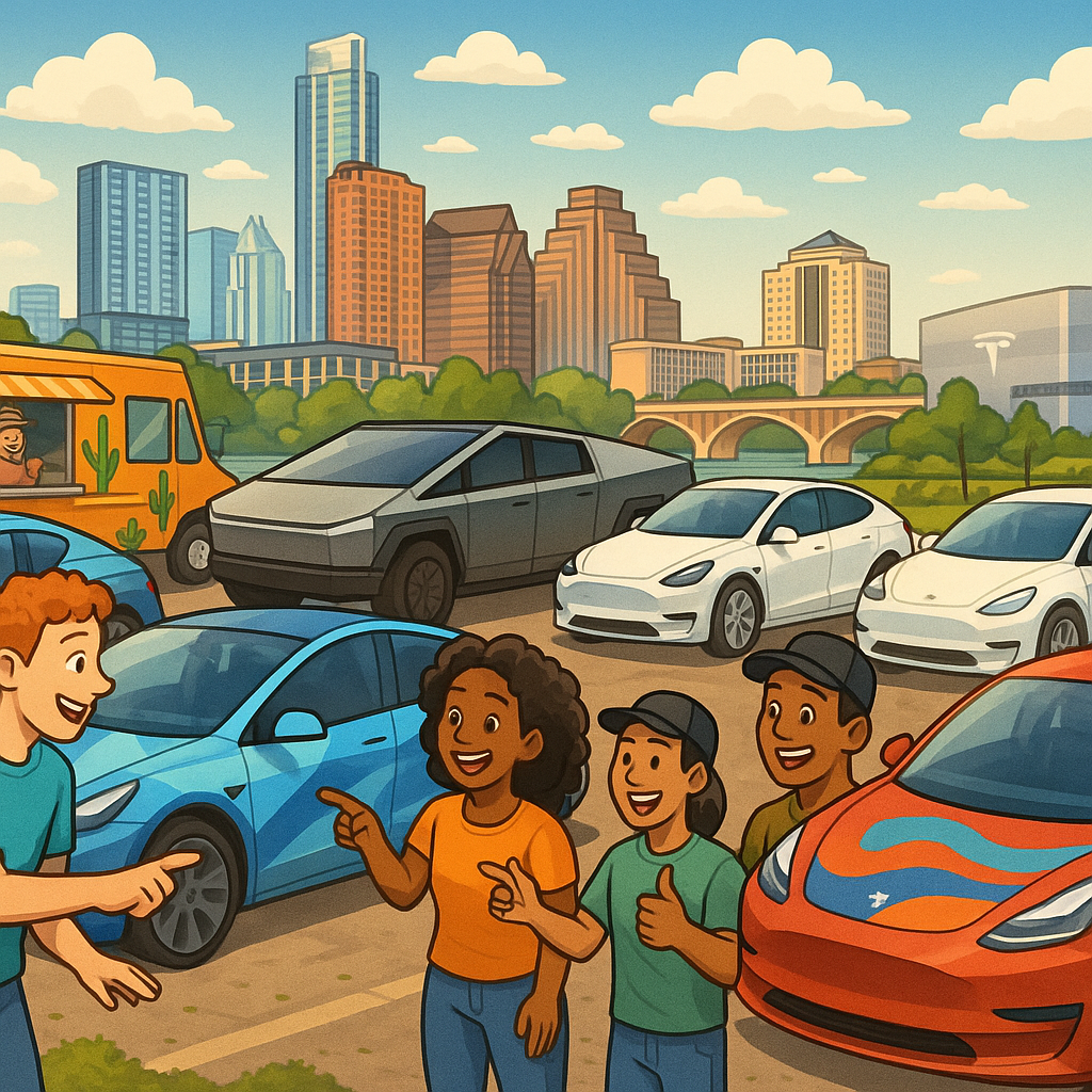 Cartoon illustration of diverse Tesla owners admiring colorful custom-wrapped Cybertrucks, Model Ys, and Model 3s in a sunny Austin, Texas community gathering with the city skyline in the background