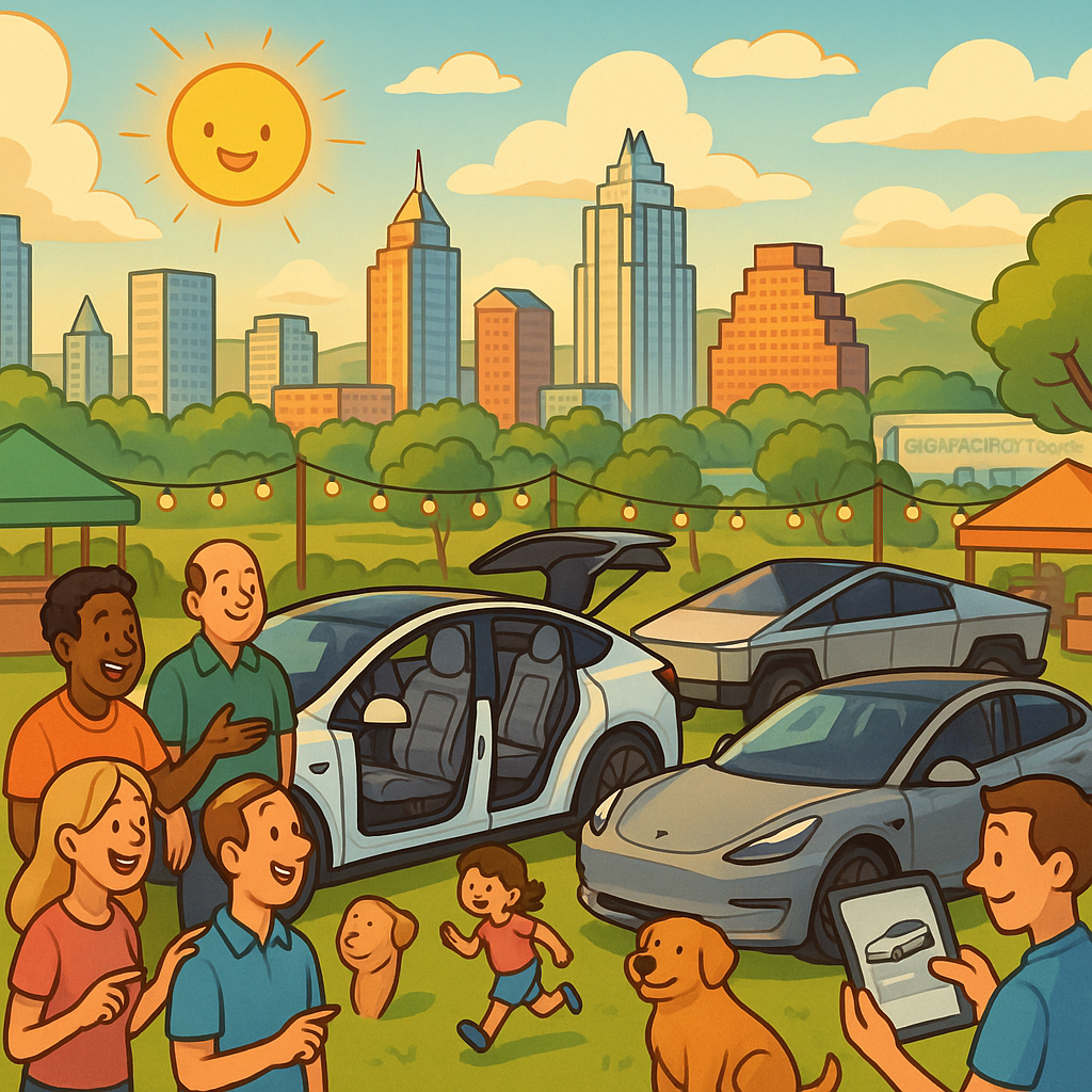 Cartoon illustration of diverse Tesla owners gathered around Model Y and Cybertruck vehicles near the Austin Texas skyline, admiring a stylish grey interior in a festive community atmosphere