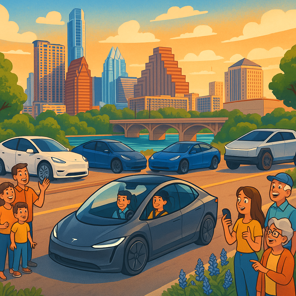 Cartoon illustration of diverse Tesla owners gathered around a futuristic Cybercab robotaxi on a sunny Austin Texas street with the city skyline and bluebonnets in the background