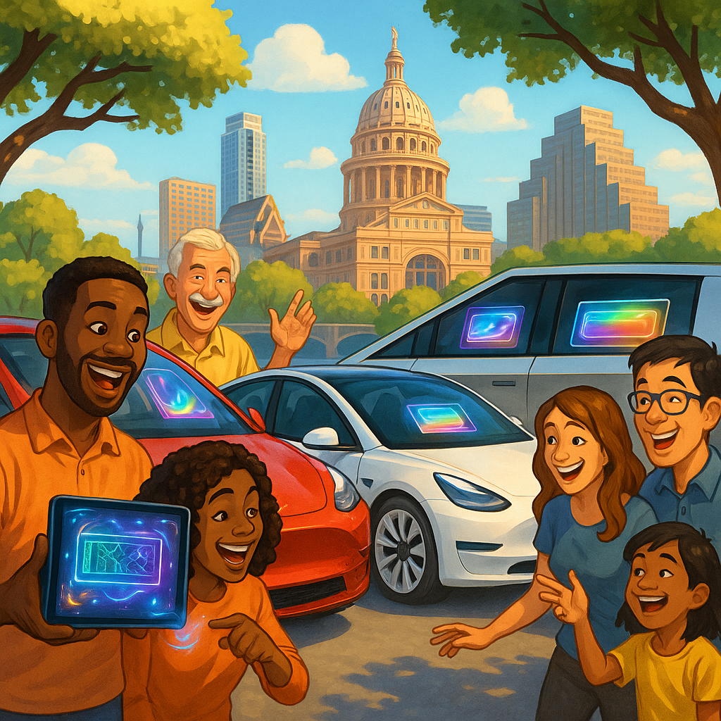 Diverse group of Tesla owners in Austin Texas admiring custom license plate visualizations on Model Y, Model 3, and Cybertruck touchscreens with the city skyline in the background