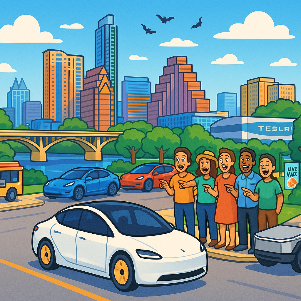 Cartoon illustration of a Tesla Cybercab gliding through downtown Austin with excited diverse Tesla owners, Model Y and Model 3 cars, a Cybertruck, and Gigafactory Texas visible in the background
