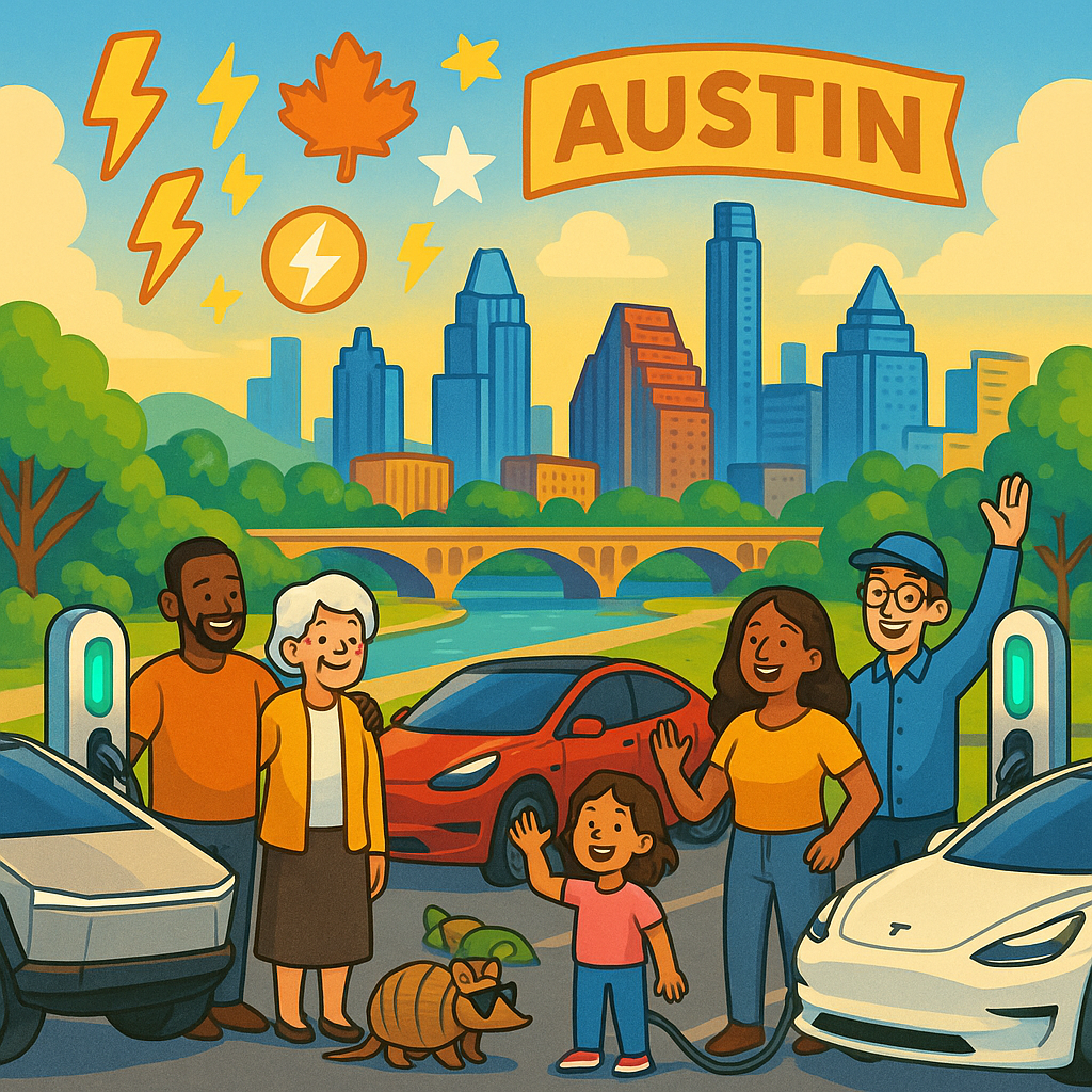 Cartoon illustration of diverse Tesla owners with Cybertrucks, Model Ys, and Model 3s charging near futuristic stations against the Austin Texas skyline with maple leaf and Lone Star icons celebrating EV progress