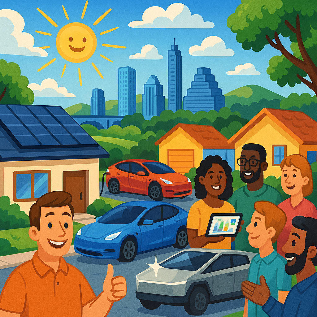 Cartoon illustration of diverse Tesla owners in an Austin Texas neighborhood with solar panels, Model Y, Model 3, and Cybertruck vehicles under a bright sunny sky