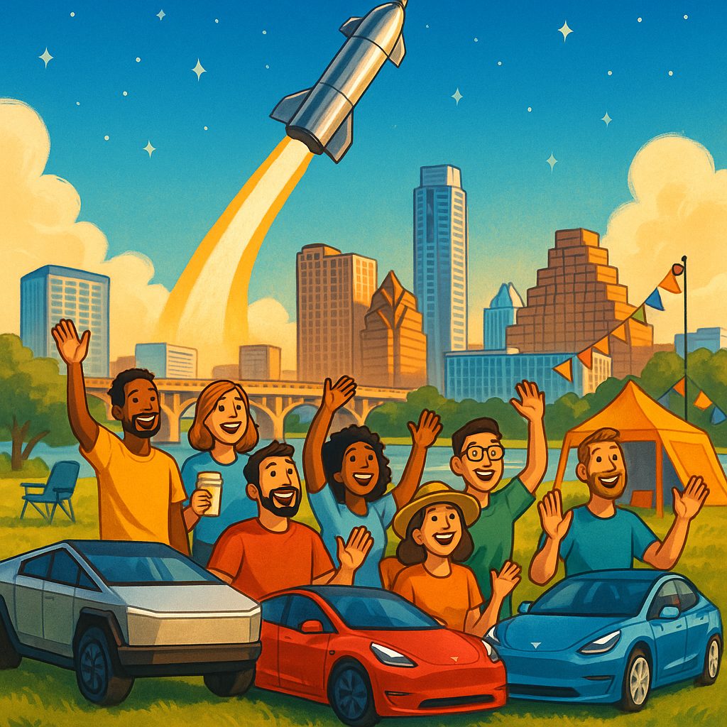 Cartoon illustration of diverse Tesla owners in Austin Texas watching a Starship rocket launch into orbit during a community watch party surrounded by Cybertrucks and Model Ys