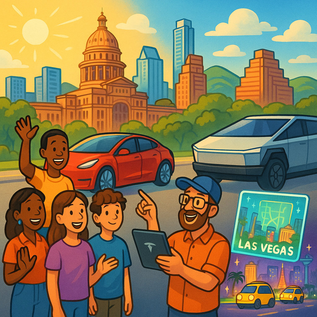 Cartoon illustration of diverse Tesla owners gathered around a Model Y, Model 3, and Cybertruck in front of the Austin Texas skyline, with a miniature Las Vegas Strip robotaxi scene inset in the corner