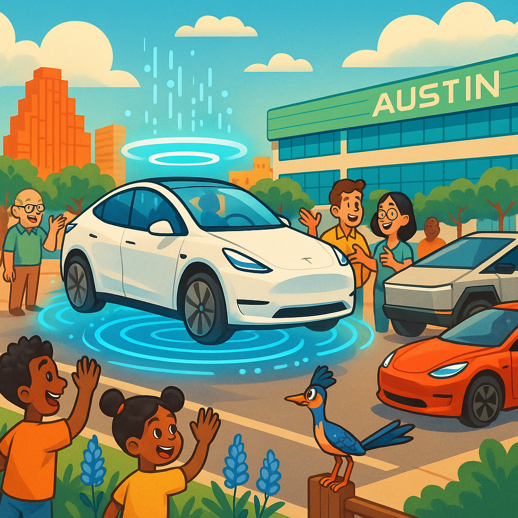 Cartoon illustration of diverse Tesla owners gathered in Austin Texas with a Model Y transitioning into an autonomous robotaxi near Gigafactory Texas