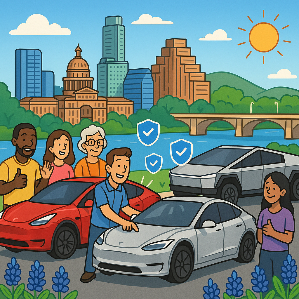 Cartoon illustration of diverse Tesla owners gathered around Model Y, Model 3, and Cybertruck vehicles near Austin Texas landmarks, examining car doors in a friendly community setting