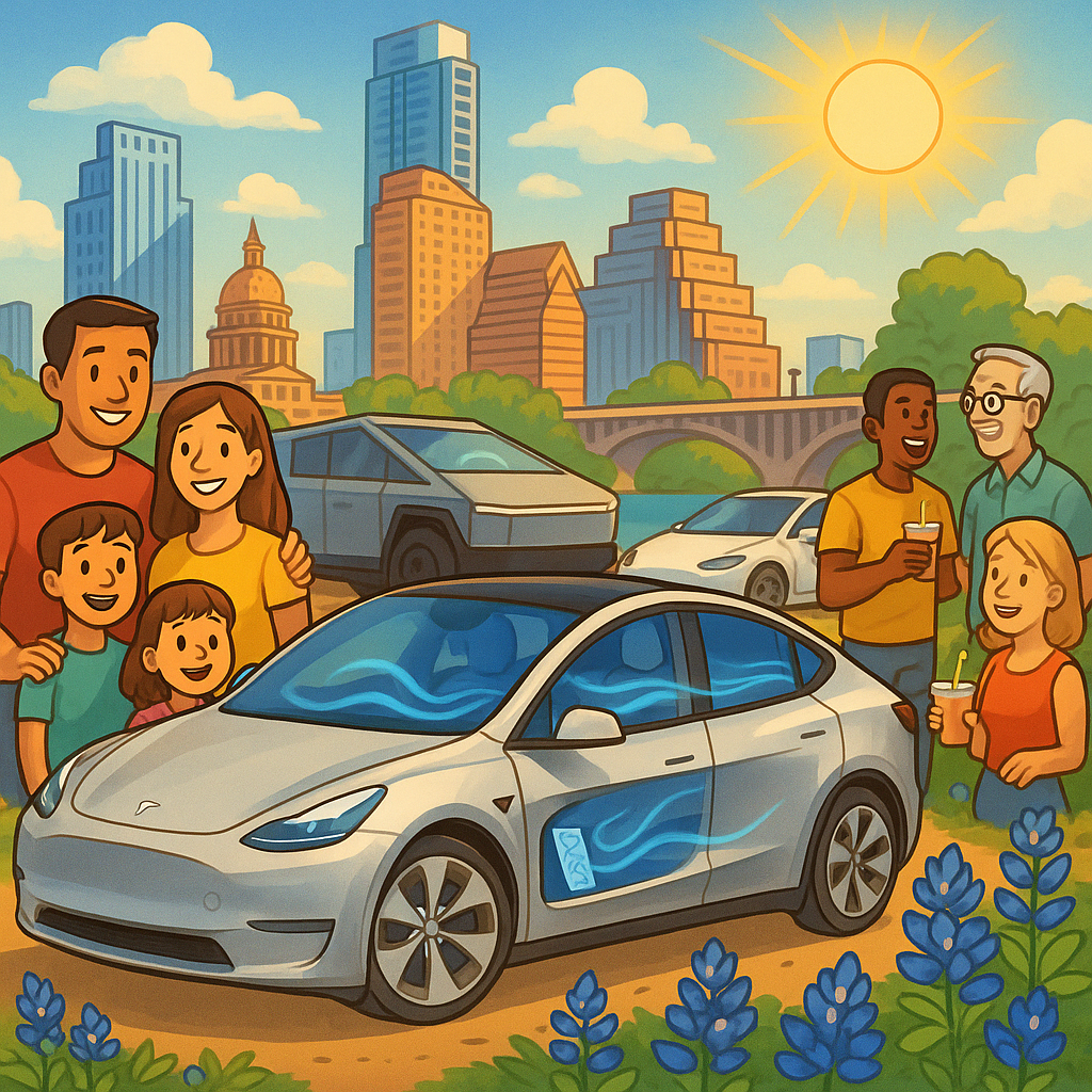 Cartoon illustration of diverse Tesla owners gathered around a Tesla Model Y L near the Austin Texas skyline with a futuristic interior climate system visible through a cutaway view