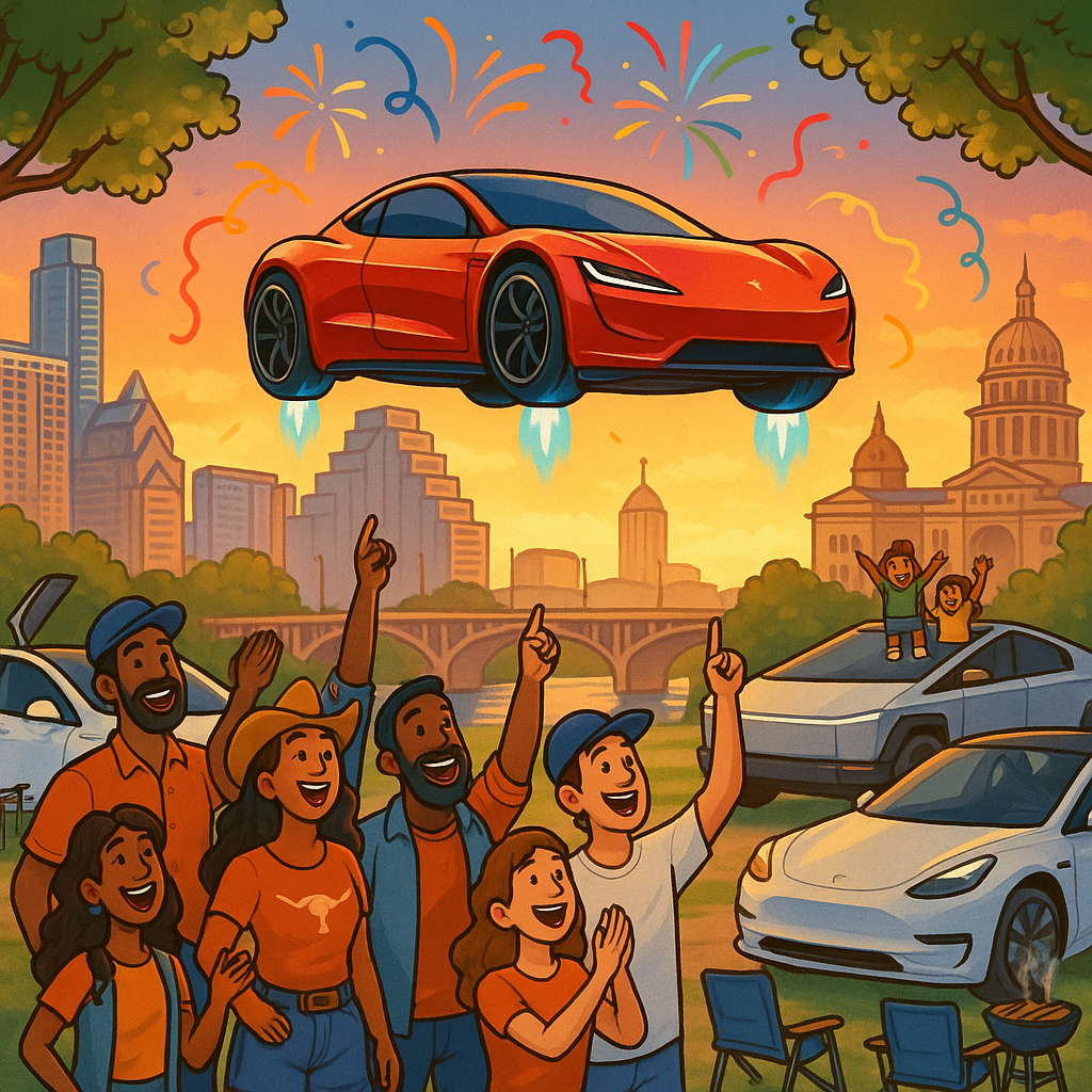 Cartoon illustration of a futuristic Tesla Roadster hovering above the ground near the Austin Texas skyline while a diverse crowd of Tesla owners and enthusiasts celebrates around it