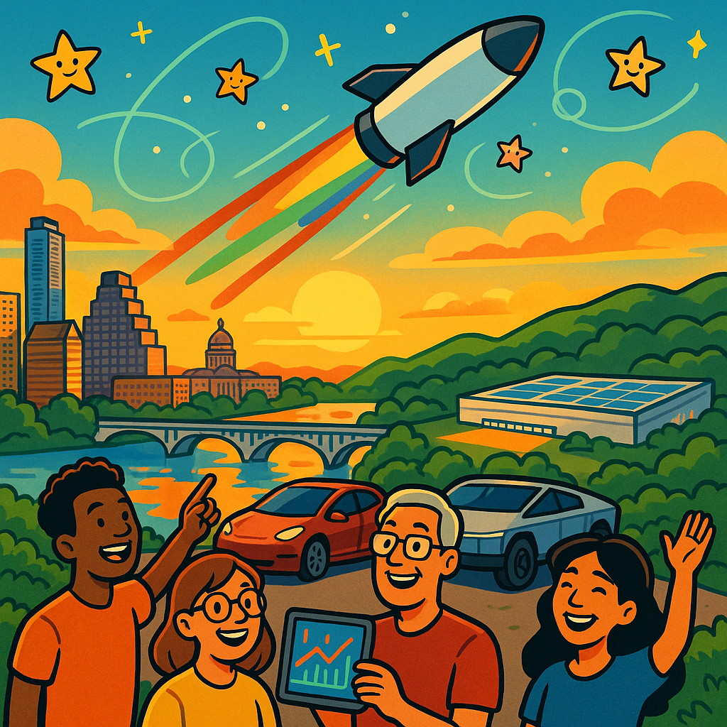 Cartoon illustration of diverse Tesla owners with Model Ys, Model 3s, and Cybertrucks gathered near the Austin Texas skyline watching a SpaceX rocket launch into a colorful sky above Gigafactory Texas
